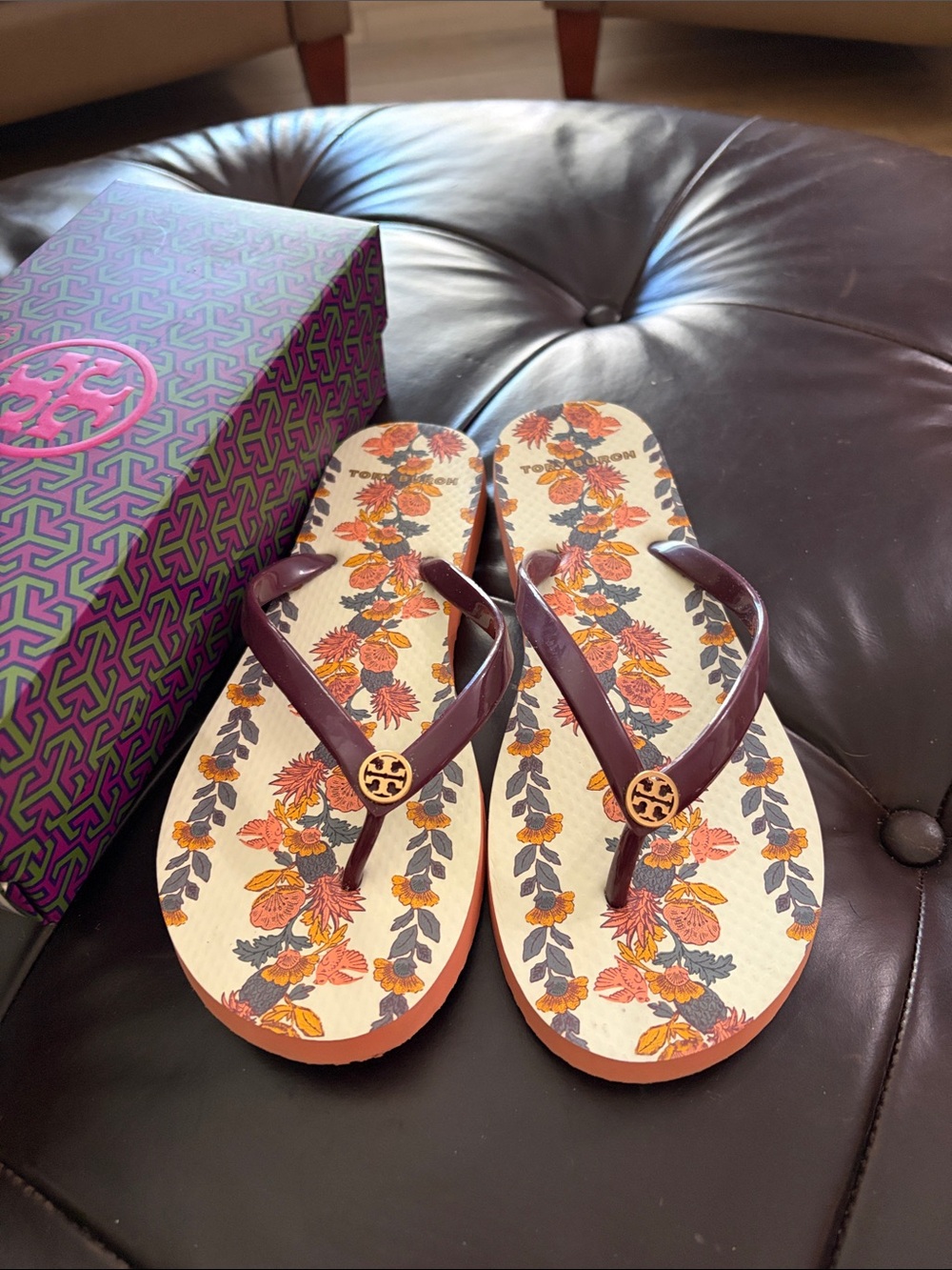 Tory Burch Burgundy Floral Print Flip Sandals